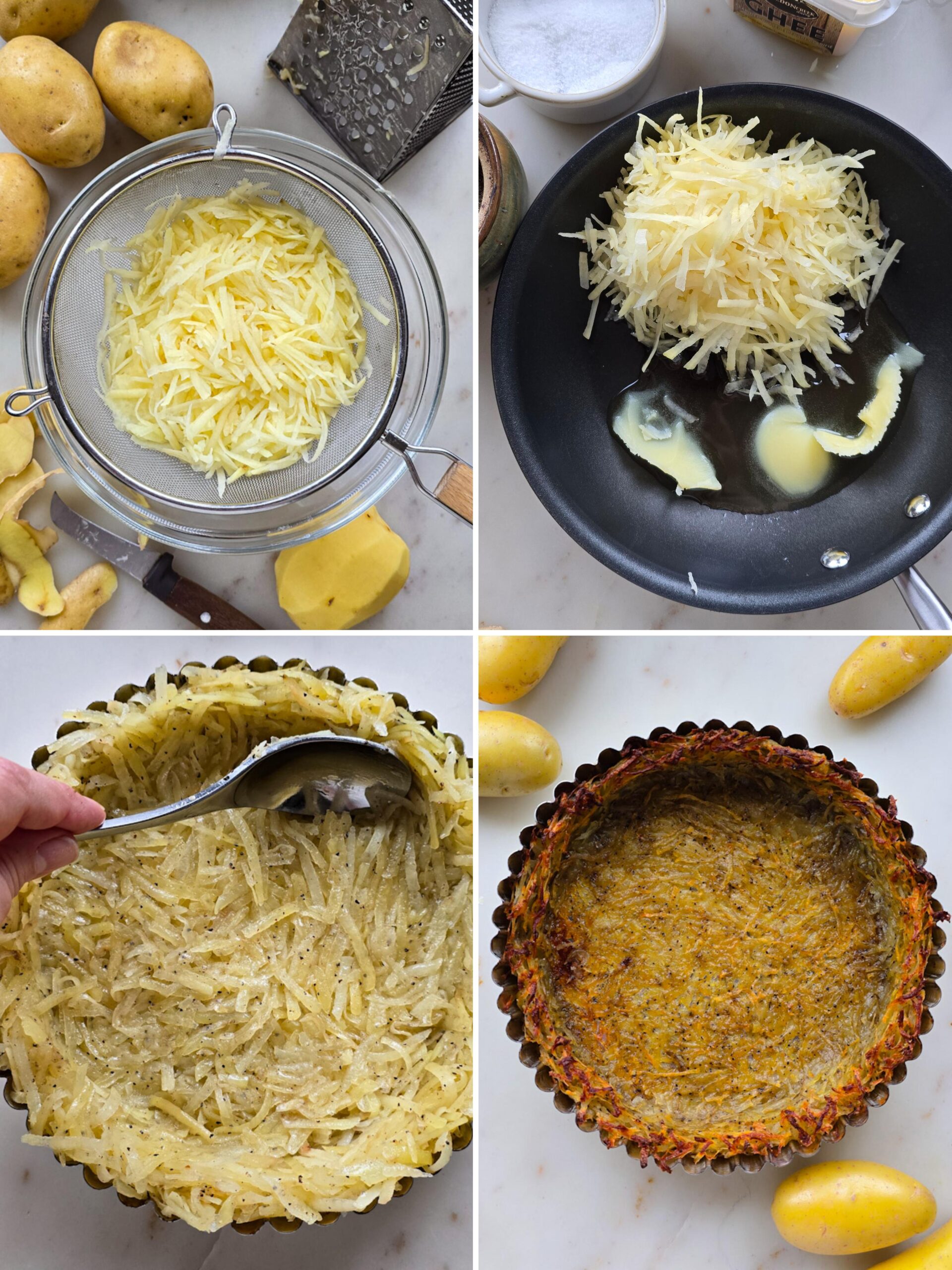 Collage showing how to prepare the hash browns to make the hash brown crust for a Potato Pie.