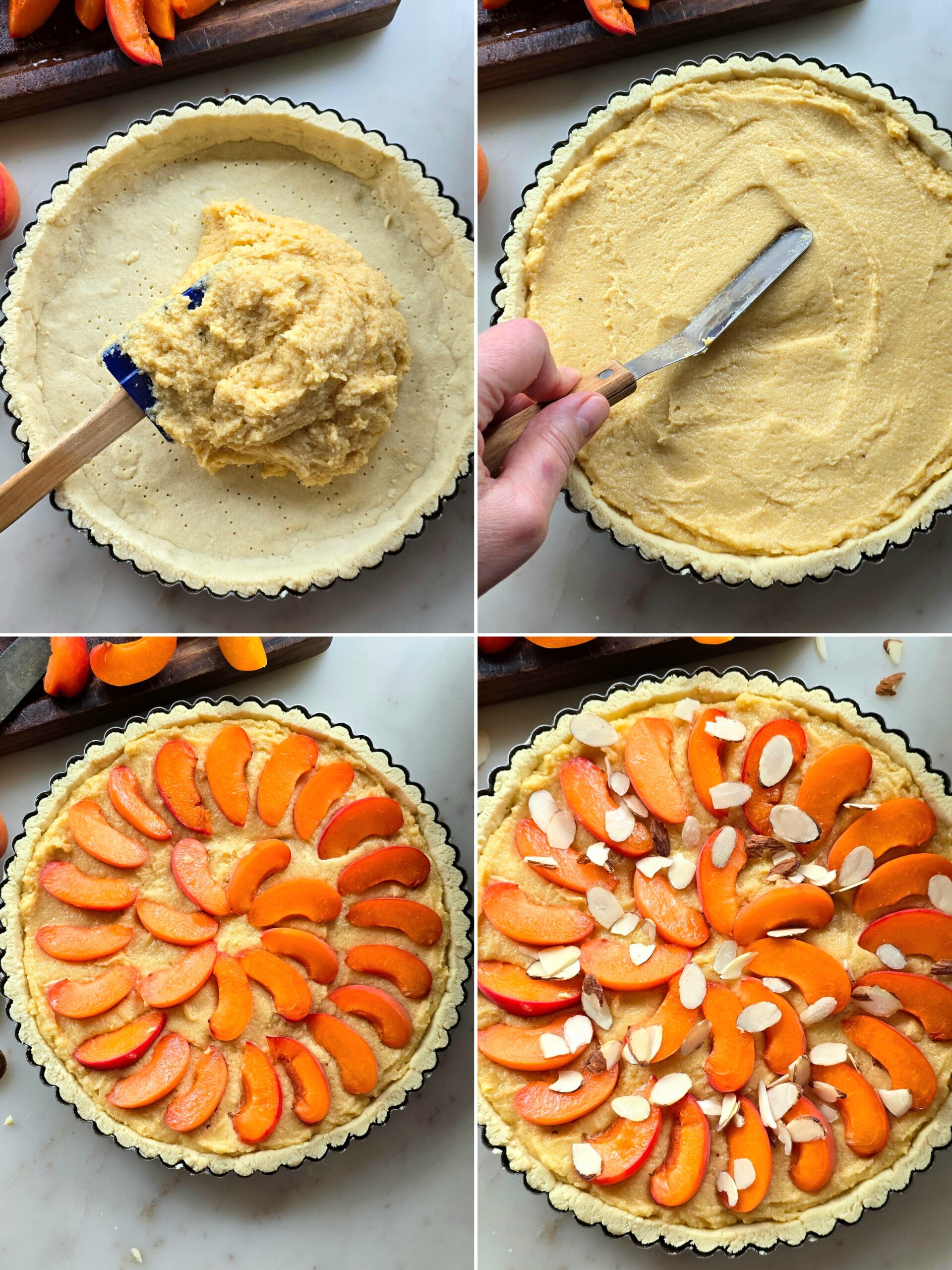 Collage showing the assembling of an Apricot Frangipane Tart ready for baking.